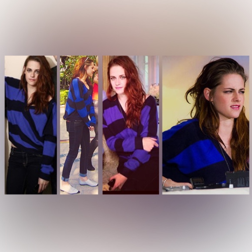 ASO Kristen Stewart Aqua Women's V-Neck Sweater Blue Deep Navy 100% Cashmere